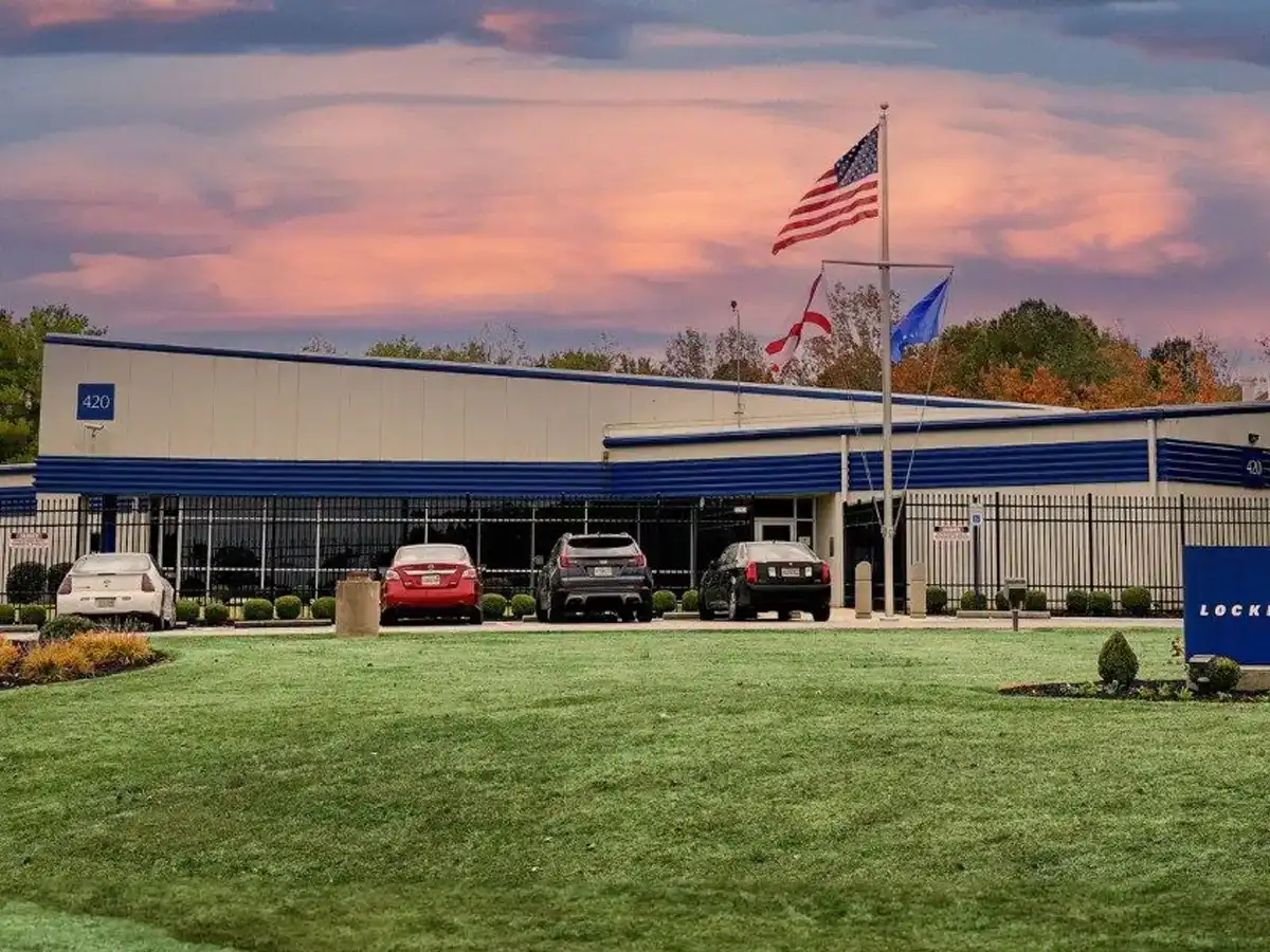 The front office building of the Courtland site at sunset.